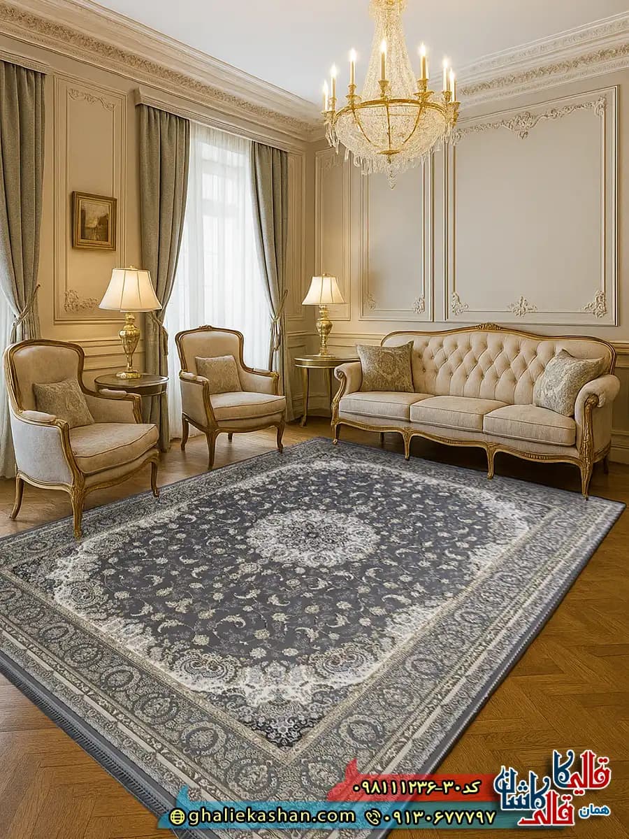 فرش طلاکوب 1200 شانه طرح نادیا رنگ طوسی نقره ای گل برجسته کاشان