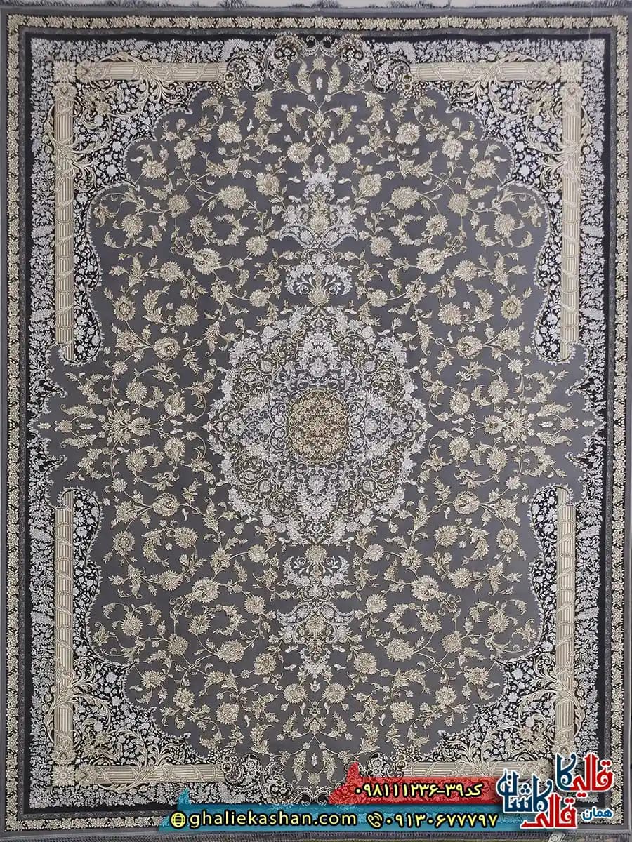 فرش طلاکوب 1200 شانه طرح کتایون رنگ طوسی نقره ای گل برجسته کاشان — تصویر ۲