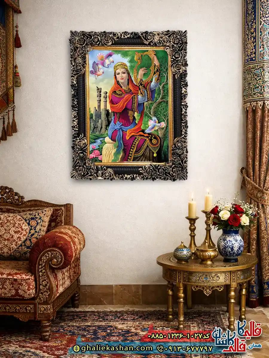 تابلو فرش ماشینی چاپی طرح مینیاتور ایرانی زن چنگ نواز 1027