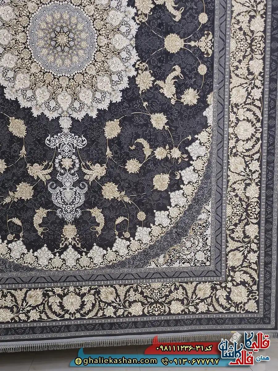 فرش طلاکوب 1200 شانه طرح گوناش رنگ طوسی دودی گل برجسته کاشان — تصویر ۳