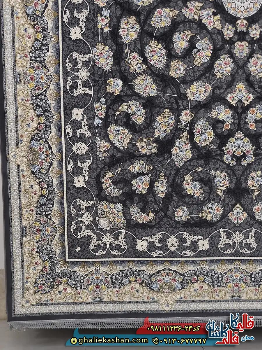 فرش 1200 شانه طرح افشان مهتاب رنگ طوسی دودی گل برجسته کاشان — تصویر ۳