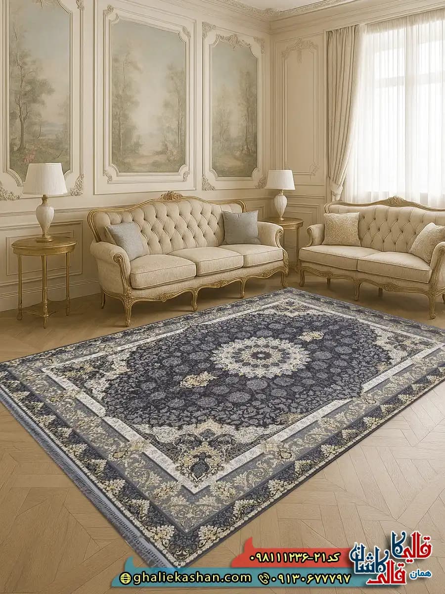 فرش ‌طلاکوب ‌1200 ‌شانه ‌طرح ‌عروس ‌رنگ ‌طوسی ‌دودی ‌گل ‌برجسته ‌کاشان