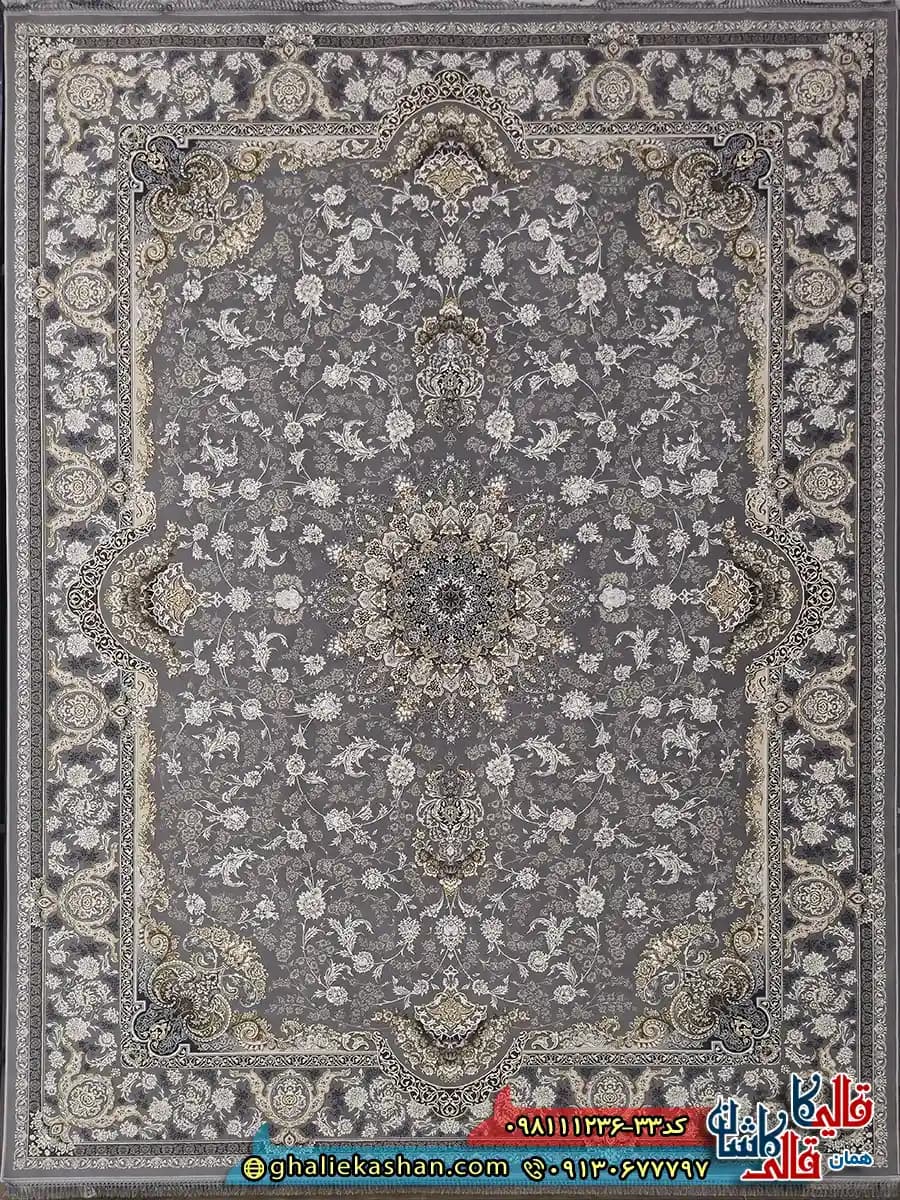 فرش ‌طلاکوب ‌1200 ‌شانه ‌طرح ‌آلنا ‌رنگ ‌طوسی ‌نقره ‌ای ‌گل ‌برجسته ‌کاشان — تصویر ۲