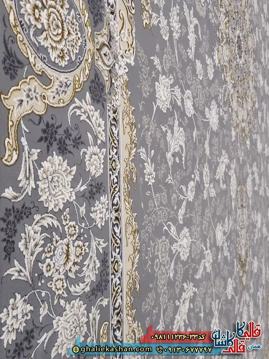 فرش ‌طلاکوب ‌1200 ‌شانه ‌طرح ‌آلنا ‌رنگ ‌طوسی ‌نقره ‌ای ‌گل ‌برجسته ‌کاشان — تصویر ۵