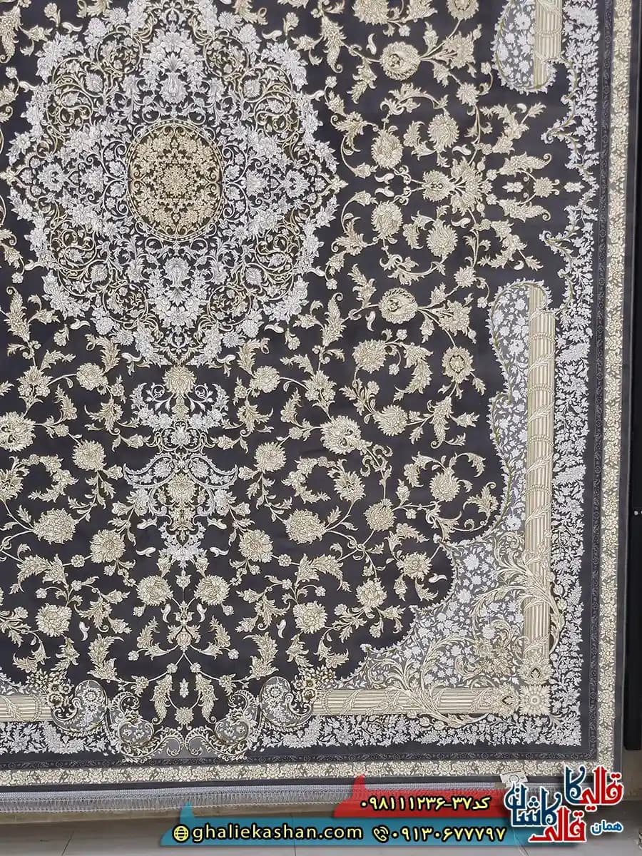 فرش طلاکوب 1200 شانه طرح کتایون رنگ طوسی دودی گل برجسته کاشان — تصویر ۳