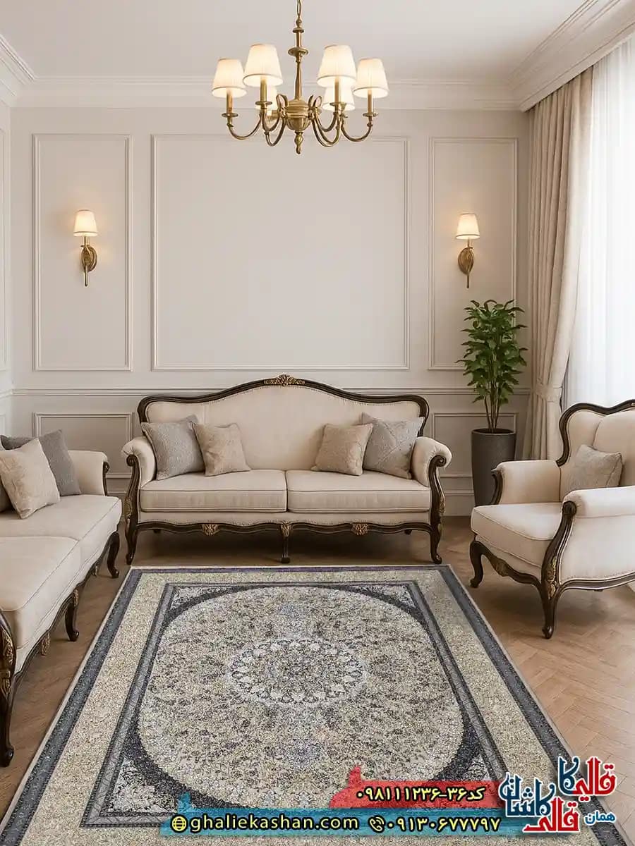 فرش ‌طلاکوب ‌1200 ‌شانه ‌طرح ‌گوناش ‌رنگ ‌کرم ‌صدفی ‌گل ‌برجسته ‌کاشان ‌