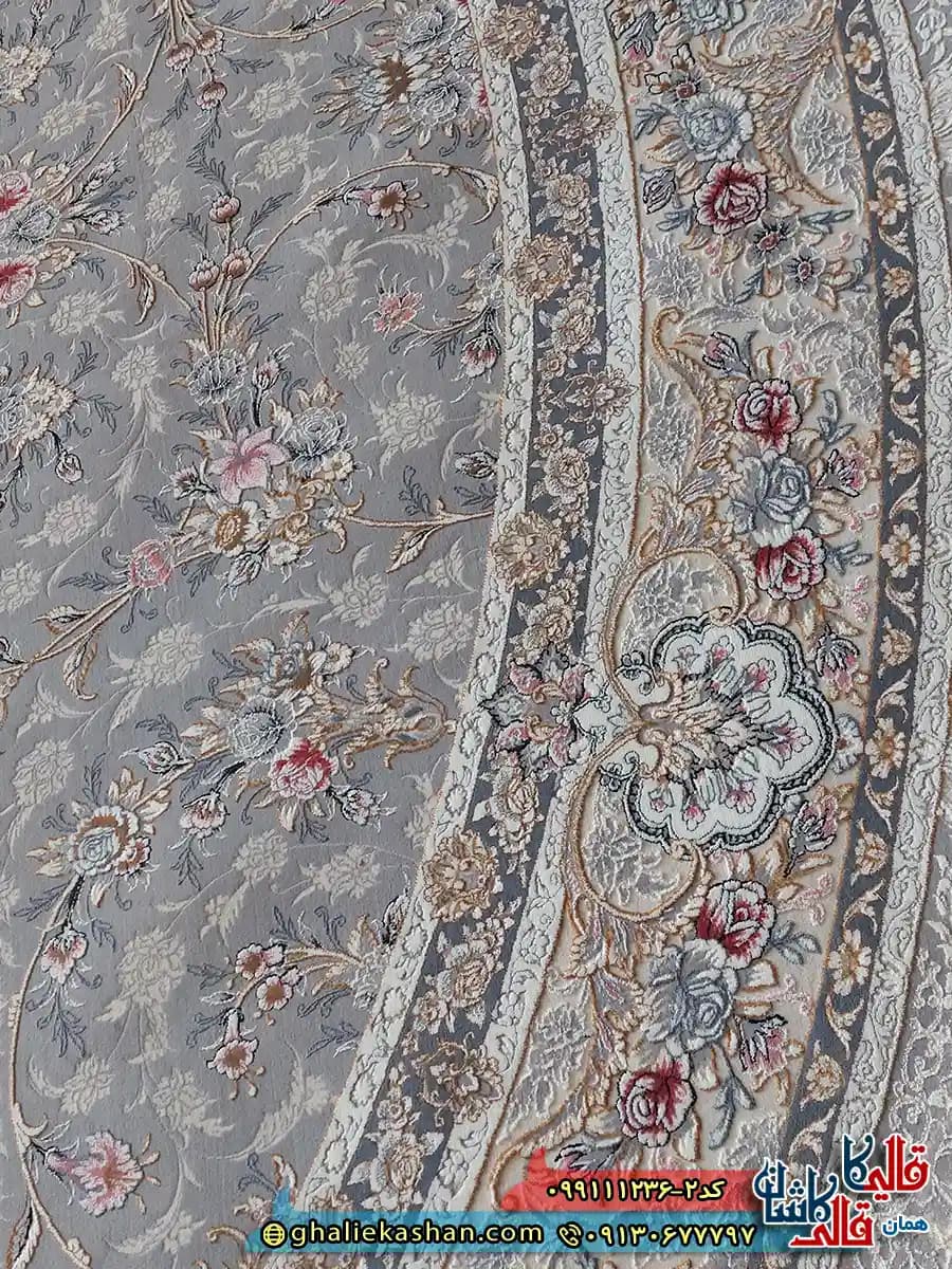 فرش گرد کلاسیک 1200 شانه طرح افشان ساغر رنگ طوسی گل برجسته کاشان قطر 4 — تصویر ۴