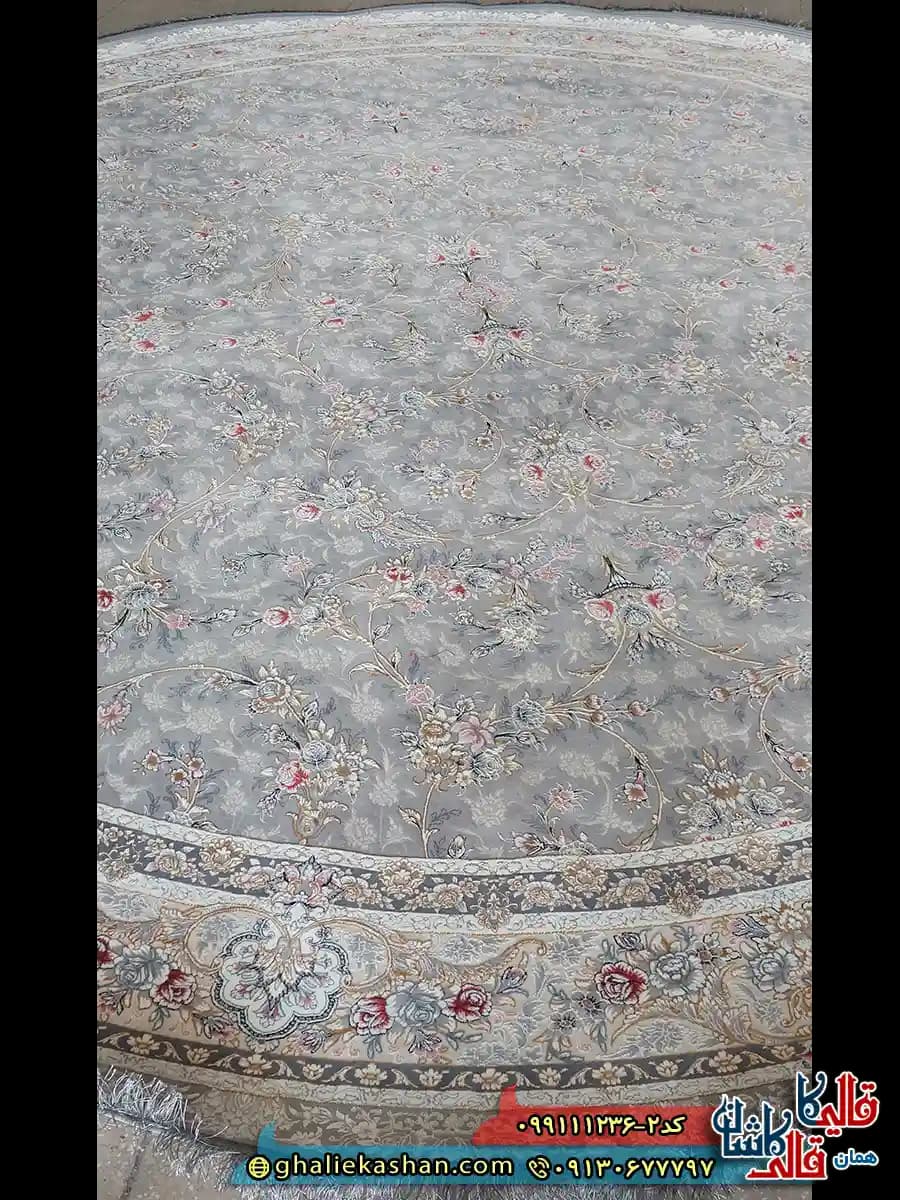 فرش گرد کلاسیک 1200 شانه طرح افشان ساغر رنگ طوسی گل برجسته کاشان قطر 4 — تصویر ۲