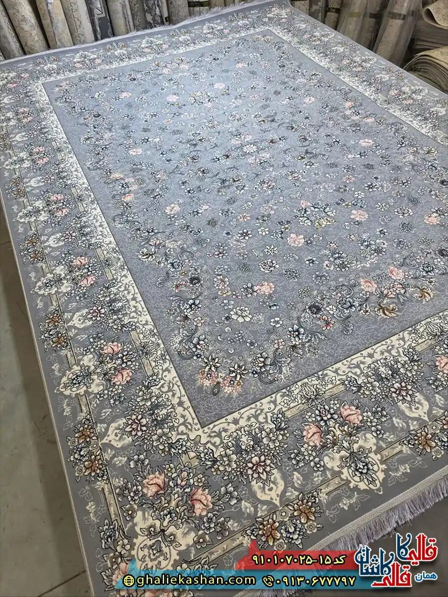 فرش کلاسیک 700 شانه طرح افشان الماس رنگ طوسی کاشان