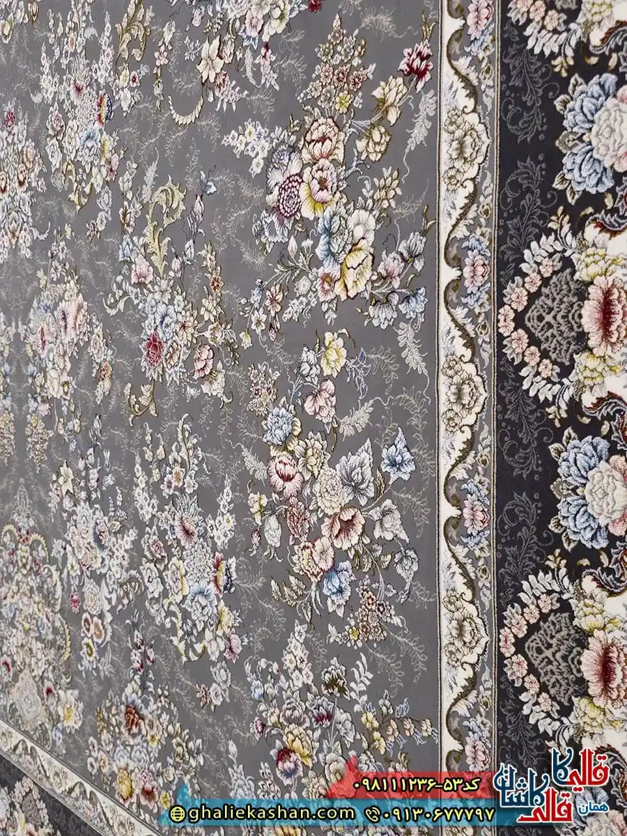 فرش ‌1200 ‌شانه ‌طرح ‌افشان ‌شکوفه ‌رنگ ‌طوسی ‌نقره ‌ای ‌گل ‌برجسته ‌کاشان — تصویر ۵