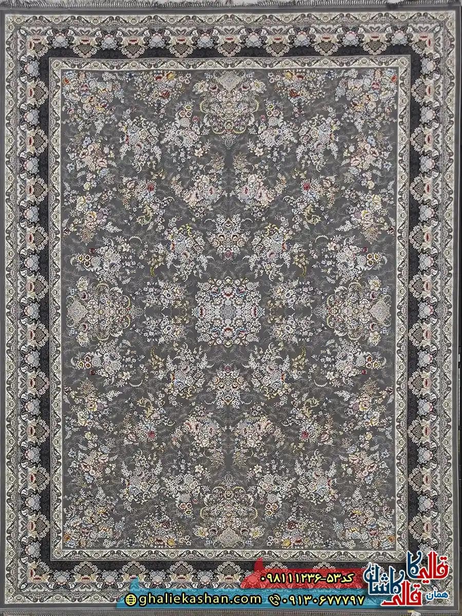 فرش ‌1200 ‌شانه ‌طرح ‌افشان ‌شکوفه ‌رنگ ‌طوسی ‌نقره ‌ای ‌گل ‌برجسته ‌کاشان — تصویر ۲