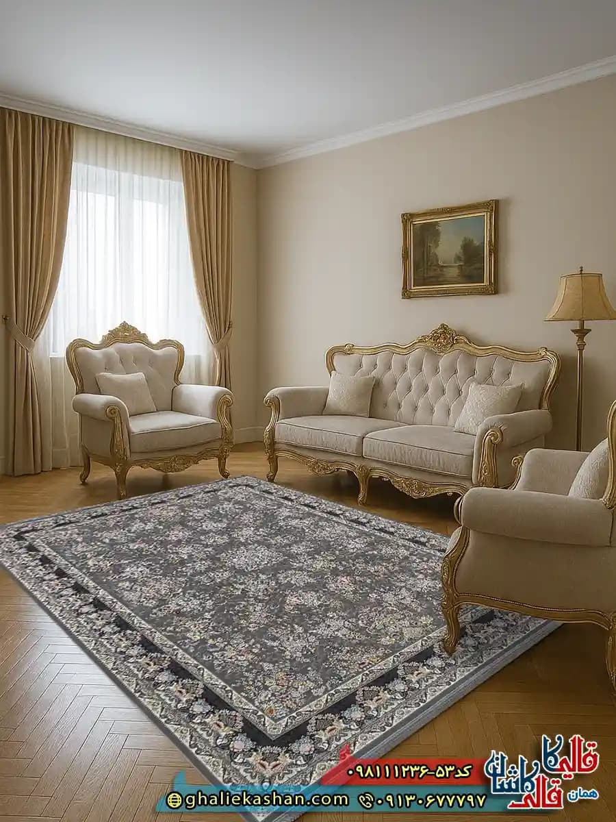 فرش ‌1200 ‌شانه ‌طرح ‌افشان ‌شکوفه ‌رنگ ‌طوسی ‌نقره ‌ای ‌گل ‌برجسته ‌کاشان