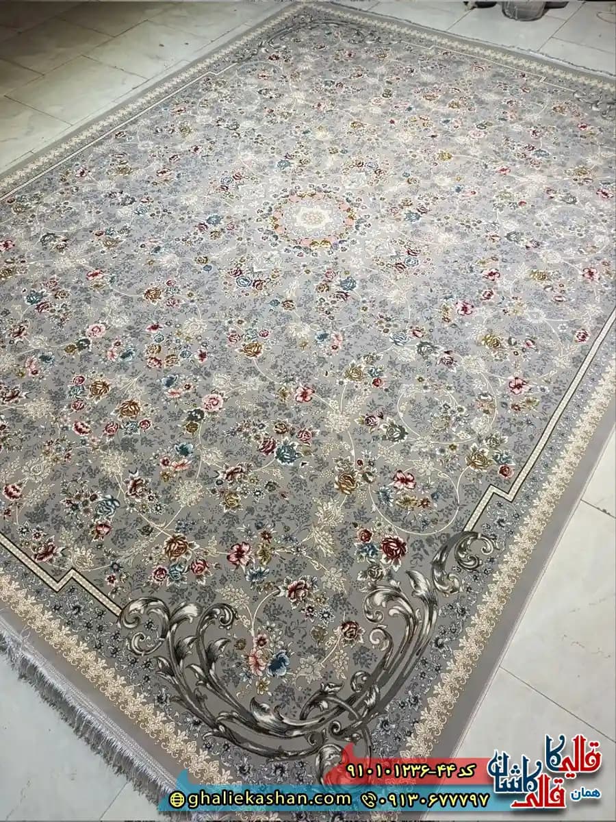 فرش ‌‌‌‌طلاکوب ‌‌‌‌کلاسیک ‌‌‌‌1200 ‌‌‌‌شانه ‌‌‌‌طرح ‌‌‌‌افشان ‌‌‌‌شیدا ‌‌‌‌رنگ ‌‌‌‌طوسی ‌‌‌‌فیلی ‌‌‌‌کاشان ‌‌‌‌