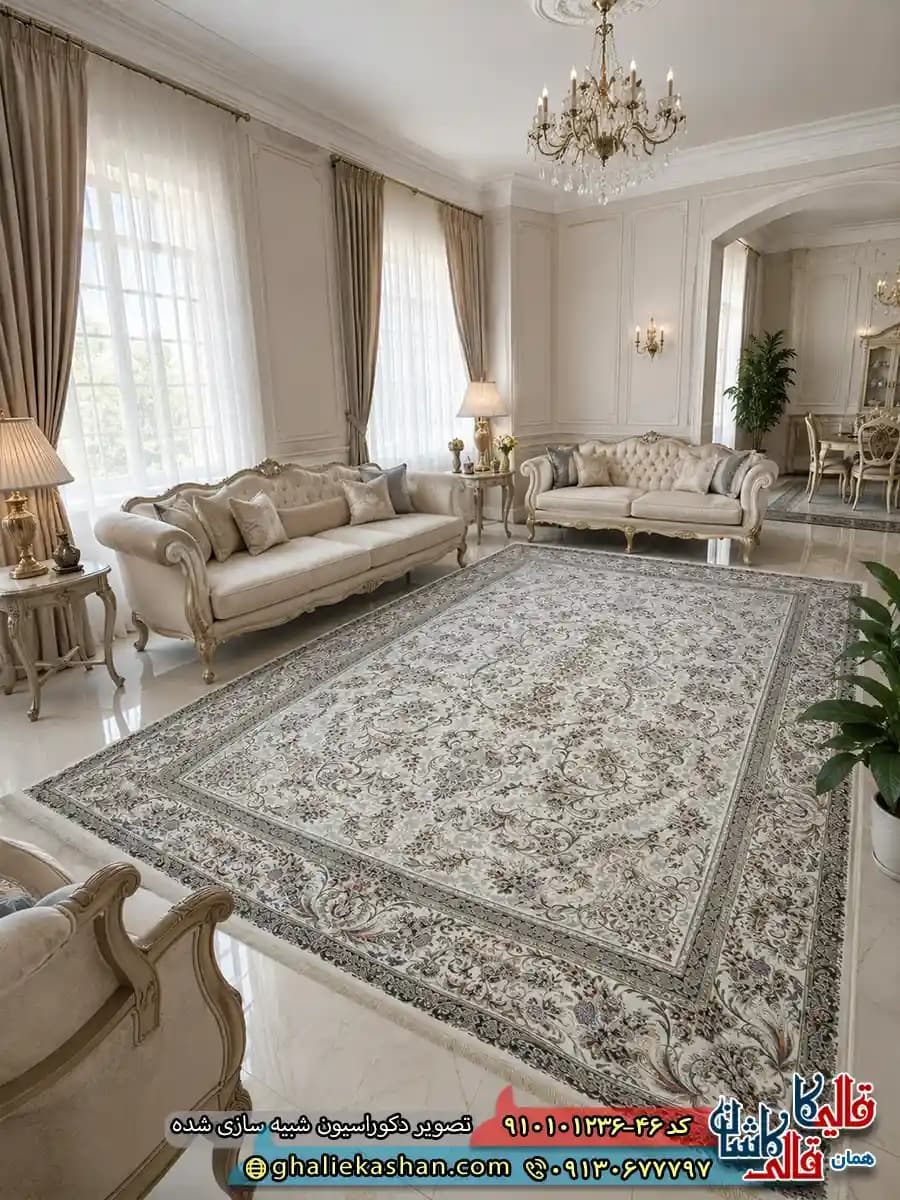 فرش ‌‌‌‌کلاسیک ‌‌‌‌1200 ‌‌‌‌شانه ‌‌‌‌طرح ‌‌‌‌افشان ‌‌‌‌آتیلا ‌‌‌‌رنگ ‌‌‌‌کرم کاشان ‌‌‌