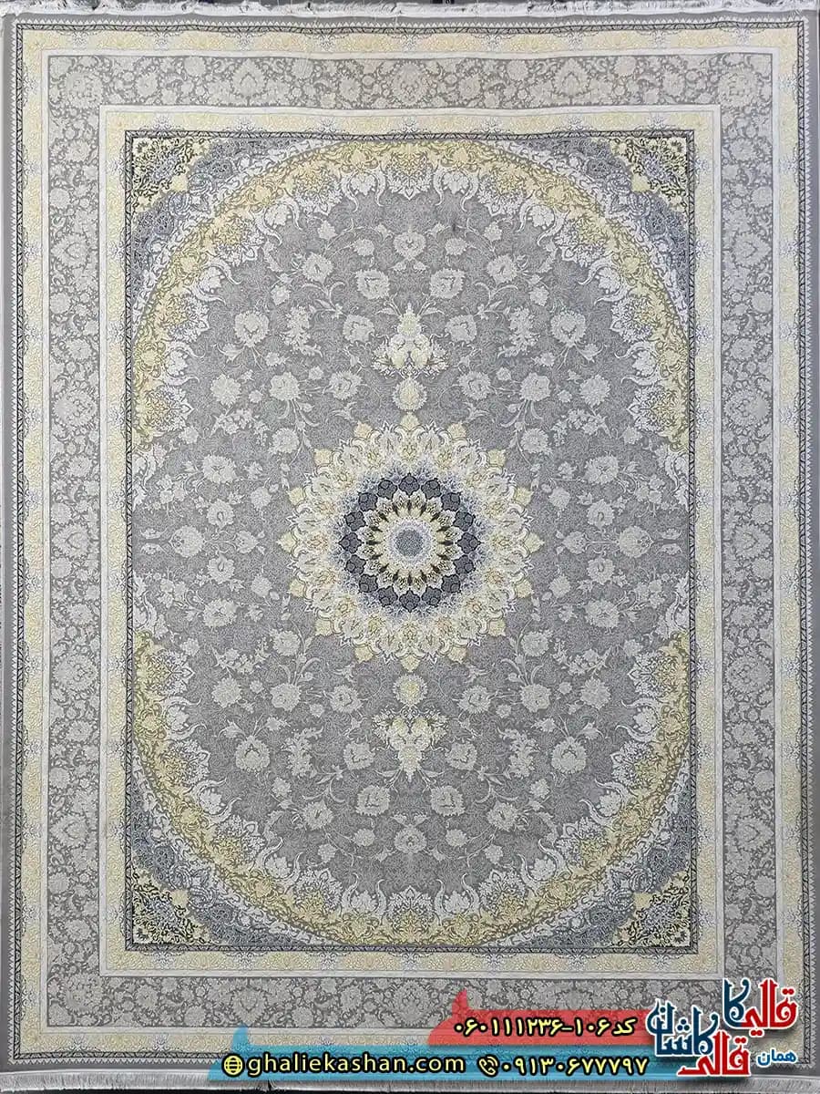 فرش طلاکوب 1200 شانه طرح رویان رنگ طوسی نقره ای گل برجسته کاشان — تصویر ۲