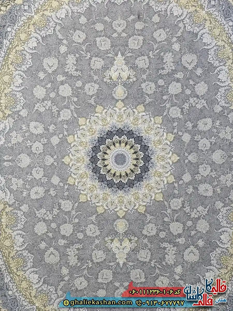 فرش طلاکوب 1200 شانه طرح رویان رنگ طوسی نقره ای گل برجسته کاشان — تصویر ۴