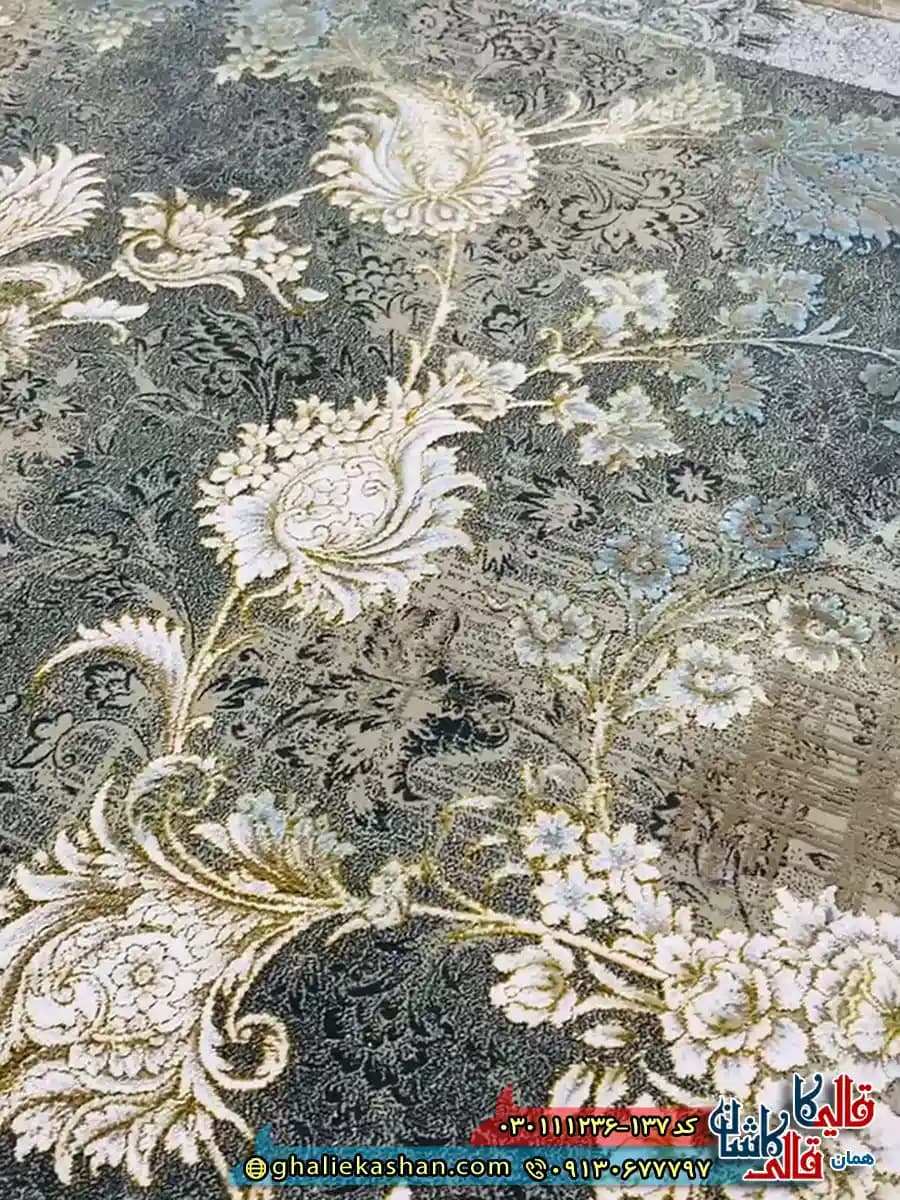 فرش وینتیج 1200 شانه طرح افشان میلان رنگ طوسی دودی آبی گل برجسته کاشان — تصویر ۵
