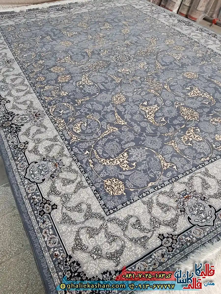 فرش 700 شانه طرح افشان طاووس رنگ طوسی دودی کاشان — تصویر ۲
