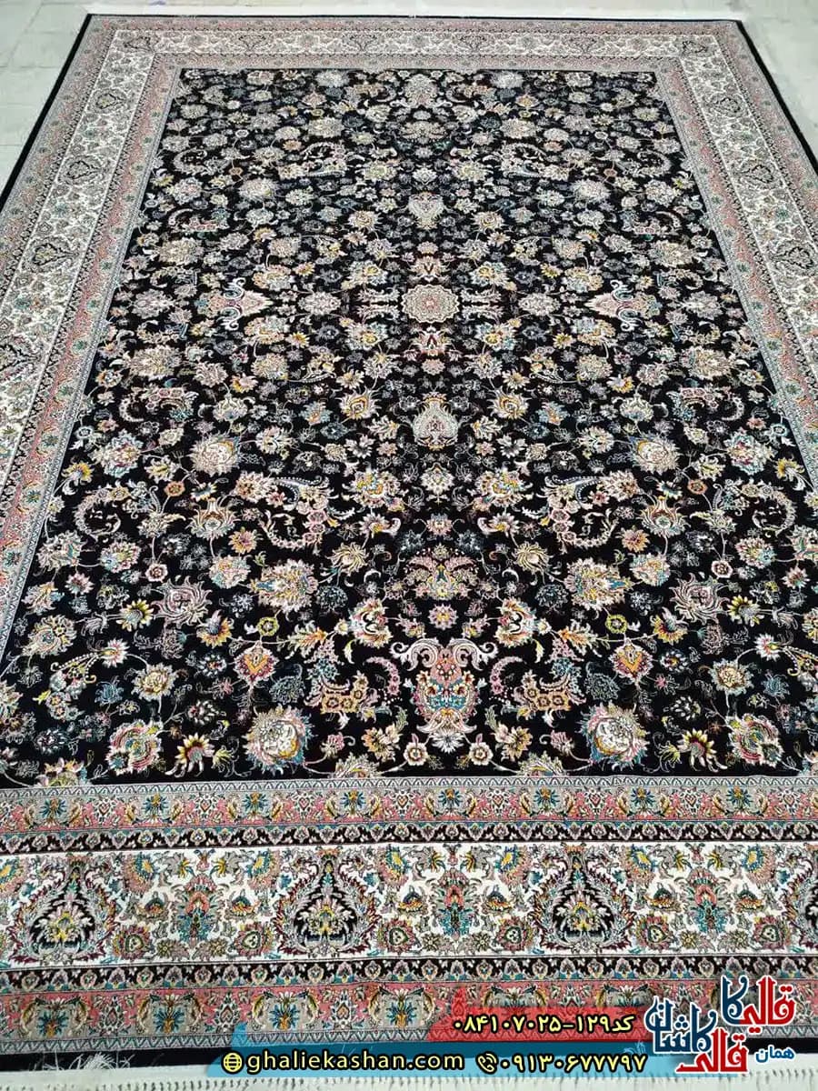 فرش 700 شانه طرح افشان دریا رنگ سرمه ای کاشان — تصویر ۲