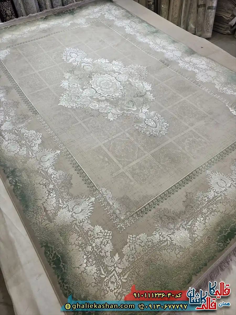 فرش طلاکوب 1200 شانه خشتی طرح گلایول رنگ فیلی سبز گل برجسته کاشان — تصویر ۲