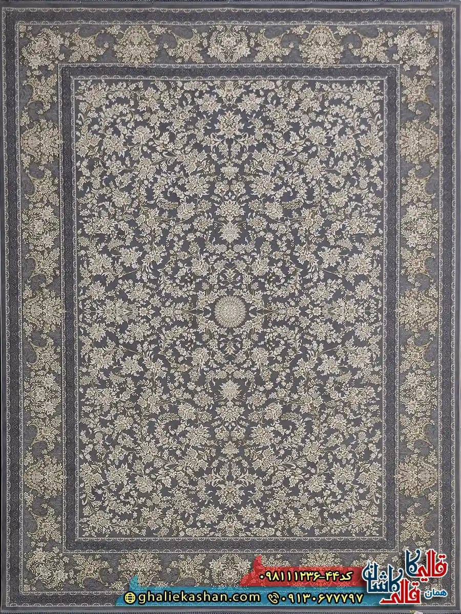 فرش طلاکوب 1200 شانه طرح افشان النا رنگ طوسی نقره ای گل برجسته کاشان — تصویر ۳