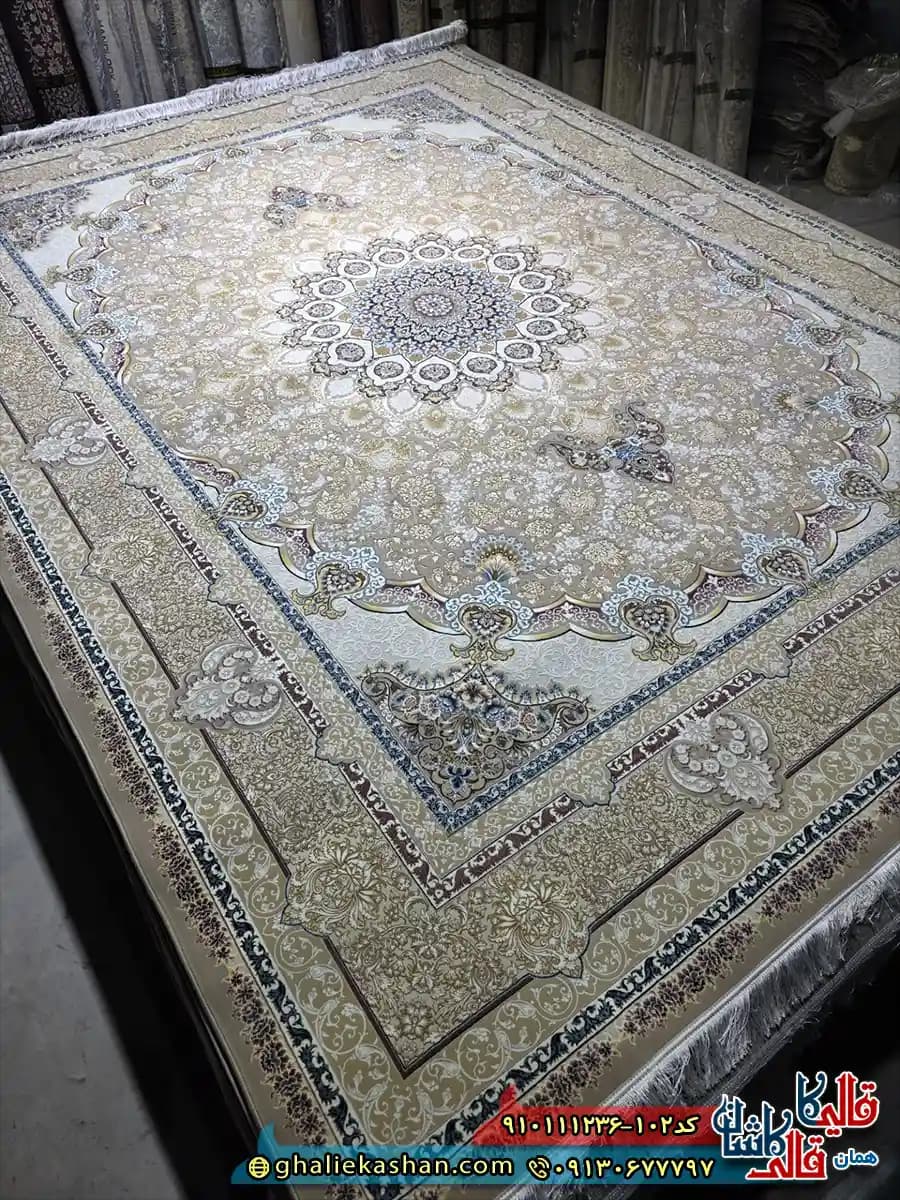 فرش طلاکوب 1200 شانه طرح سلطان رنگ نسکافه ای قهوه ای گل برجسته کاشان