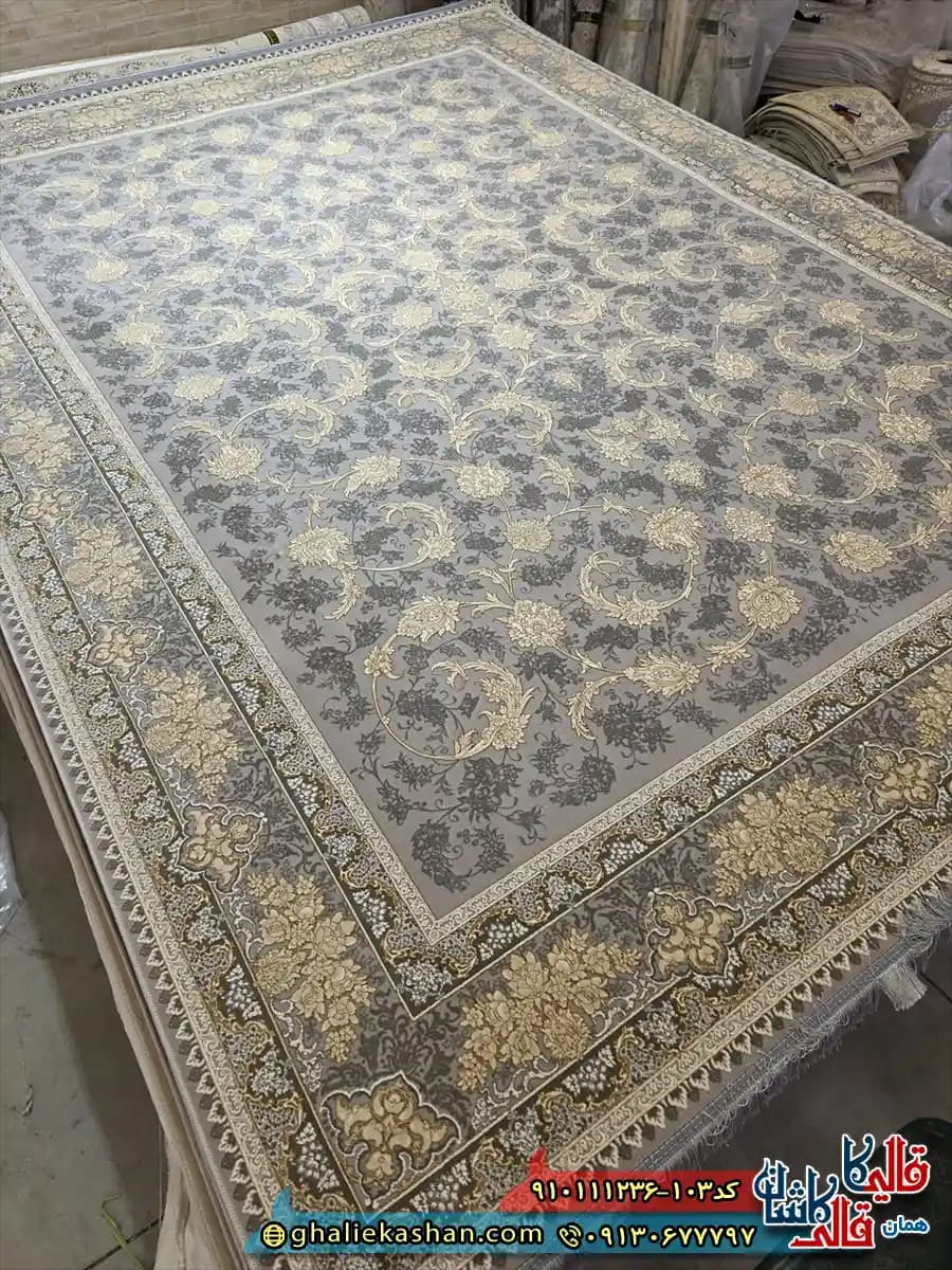 فرش طلاکوب 1200 شانه طرح افشان صدف رنگ طوسی فیلی گل برجسته کاشان — تصویر ۲