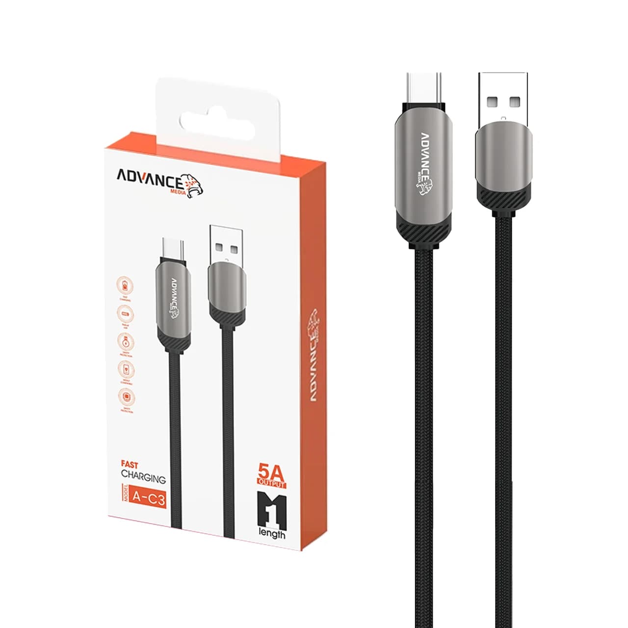 کابل شارژ فست Advance Media Type-C مدل A-C3 – مشکی (گارانتی یکساله ویستا حافظه)
