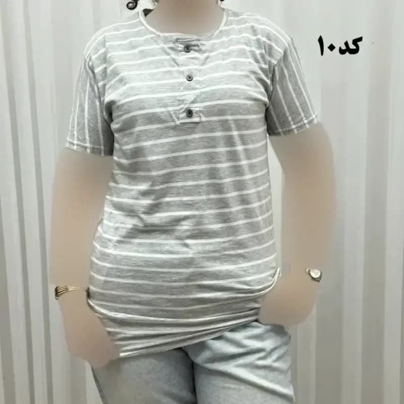 تیشرت زنانه راه راه نخ پنبه دکمه نما آستین کوتاه مناسب استفاده روزمره — تصویر ۱۰