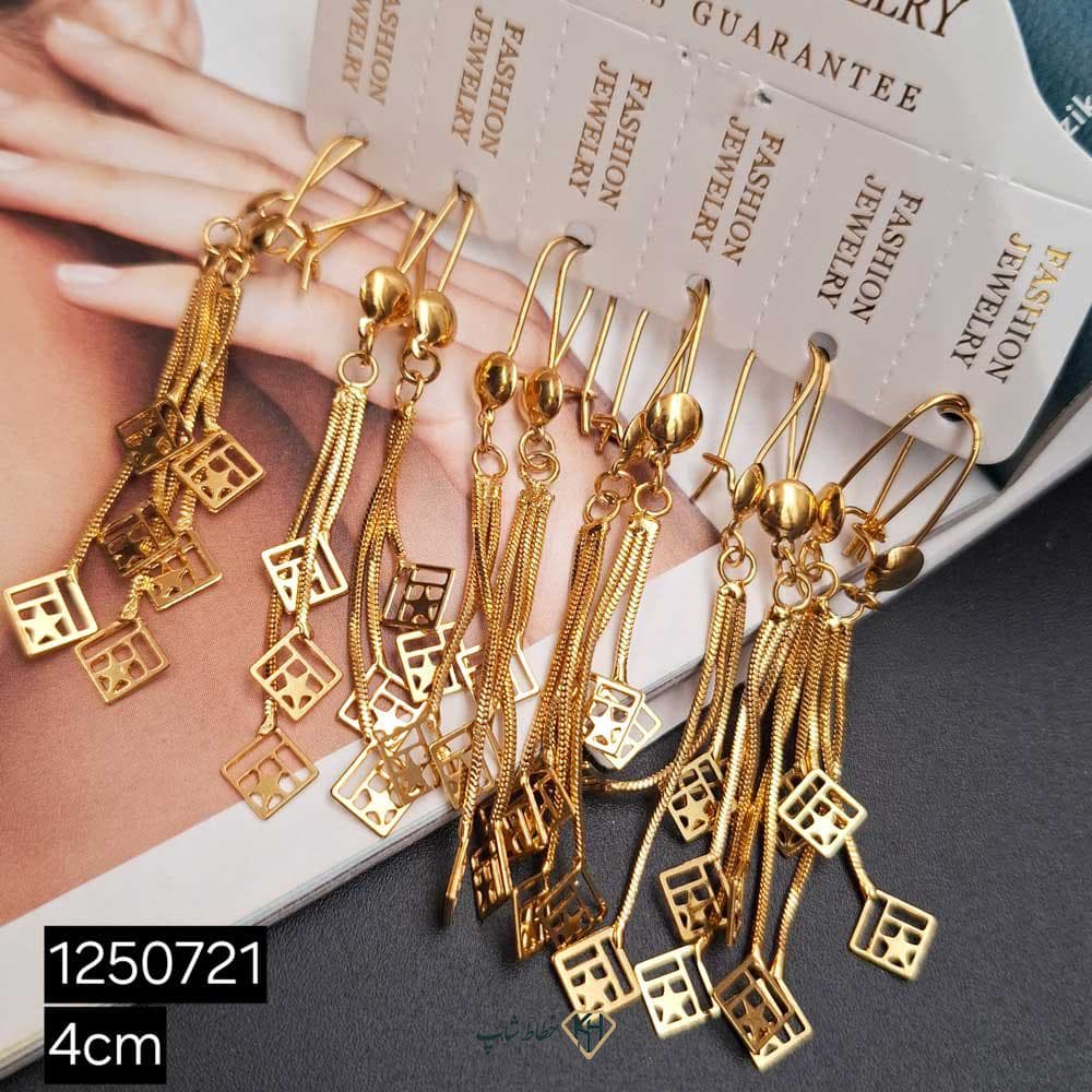 گوشواره CityGold زنجیری 3اویز مربع پازلی (6جفتی) — تصویر ۳