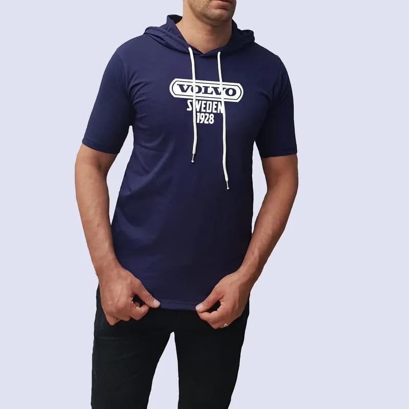 تیشرت کلاه دار آستین کوتاه مردانه نخی سورمه ای طرح volvo سایز L XL 2XL — تصویر ۸