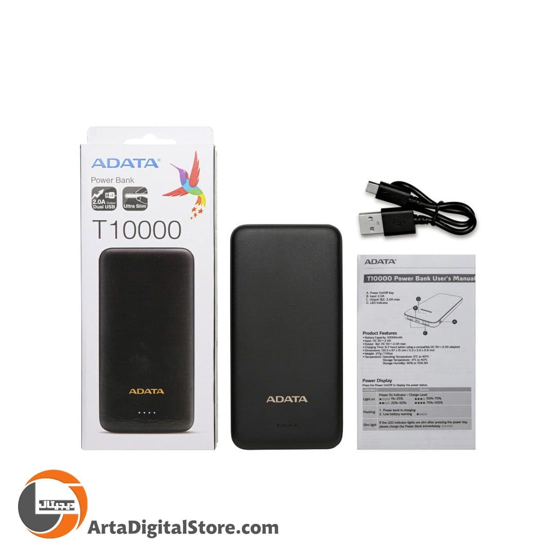 پاور بانک فست شارژ ای دیتا ADATA 10000mAh T10000 10W Power Bank Black — تصویر ۲
