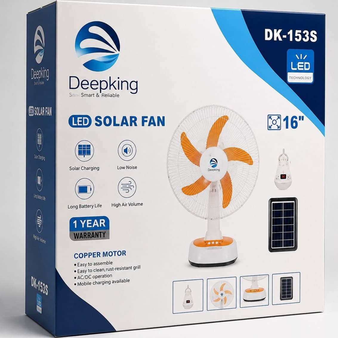پنکه شارژی خورشیدی Deepking مدل DK-153S سایز 16 اینچ (همراه پنل 12 وات و چراغ LED)