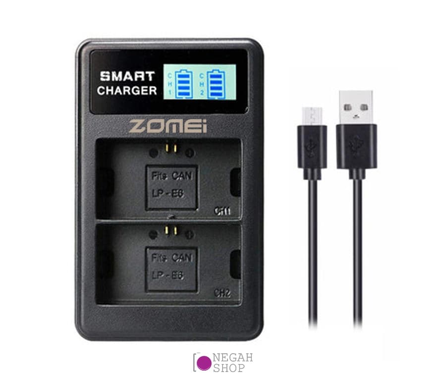 شارژر دوبل باتری Zomei LP-E6 مدل LCD USB Type C / Micro