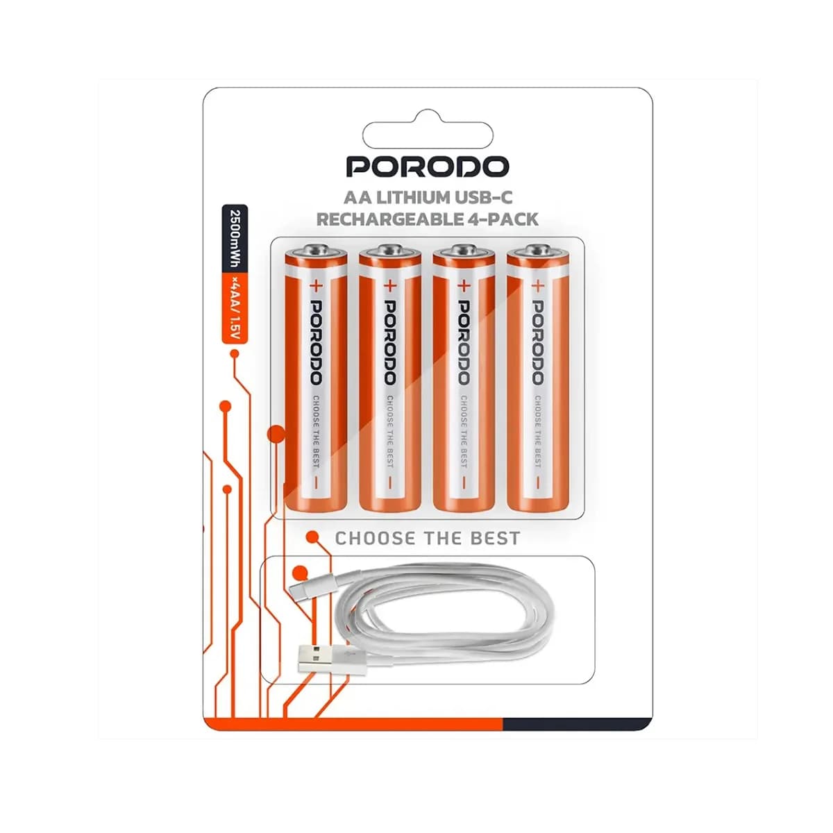 باتری قلمی شارژی لیتیوم پرودو AA با شارژ USB-C – پک ۴ عددی