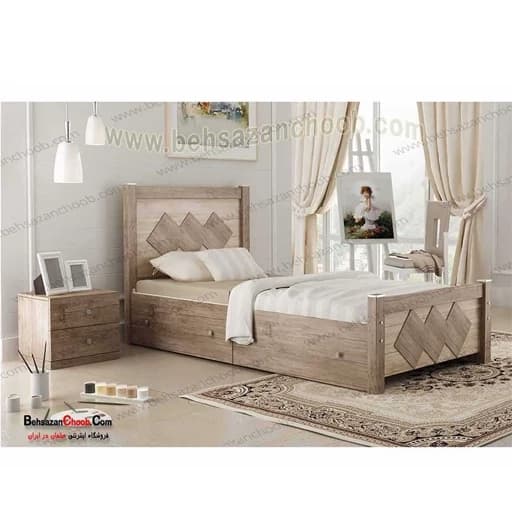 تخت خواب یک نفره چوبی بدون تشک با کشو T 2011 مبلمان فرنا مدل 1144604