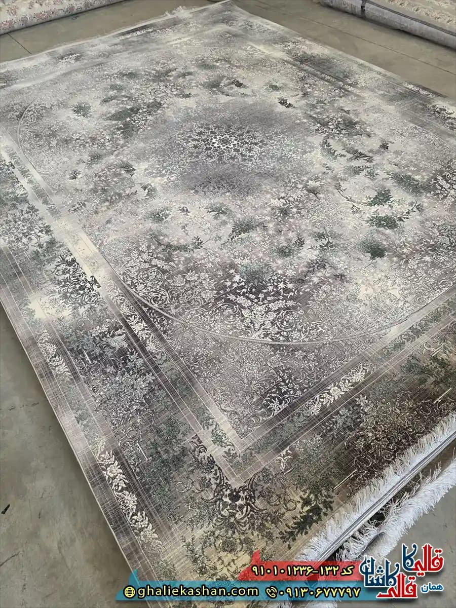 فرش وینتیج 1200 شانه طرح پادینا رنگ طوسی فیلی کاشان — تصویر ۲