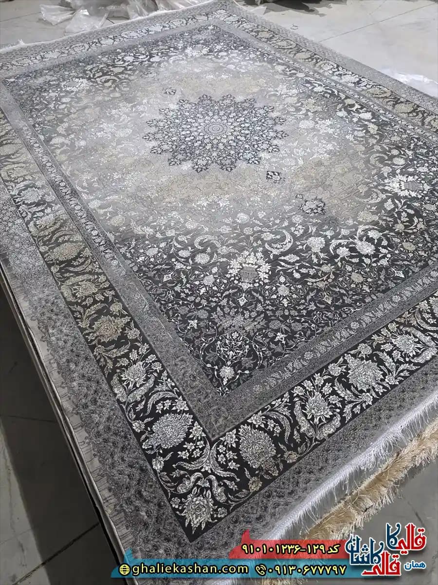 فرش ‌وینتیج ‌1200 ‌شانه ‌طرح ‌پناه ‌رنگ ‌طوسی ‌سیلور ‌کاشان ‌ — تصویر ۲