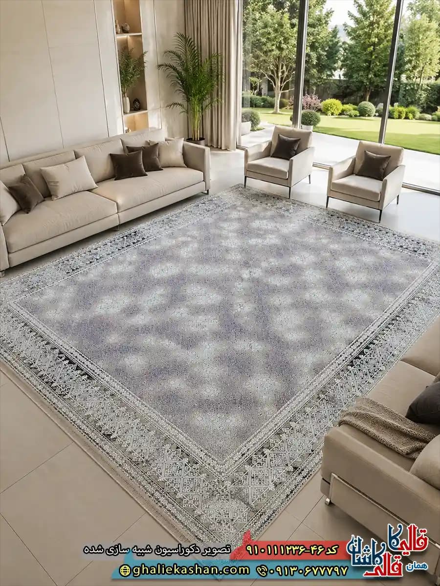 فرش وینتیج 1200 شانه طرح قاب لوزی رنگ طوسی گل برجسته کاشان