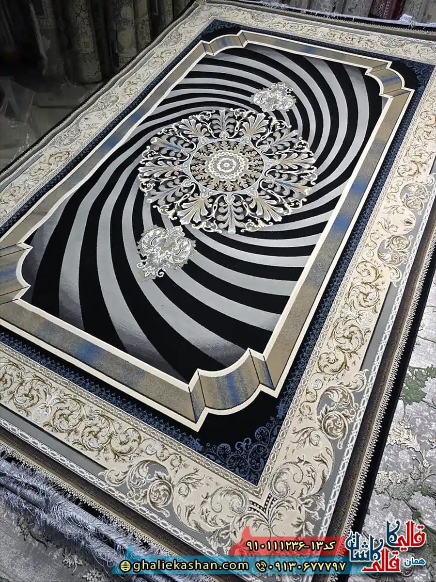 فرش طلاکوب 1200 شانه طرح خلیجی گردون رنگ مشکی سرمه ای گل برجسته کاشان