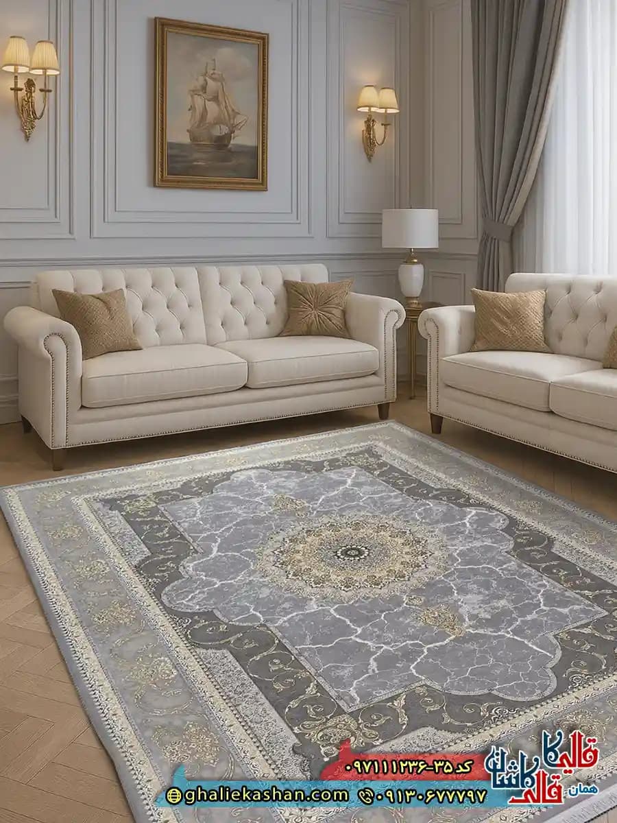 فرش طلاکوب 1200 شانه طرح نسیم رنگ طوسی نقره ای گل برجسته کاشان — تصویر ۵
