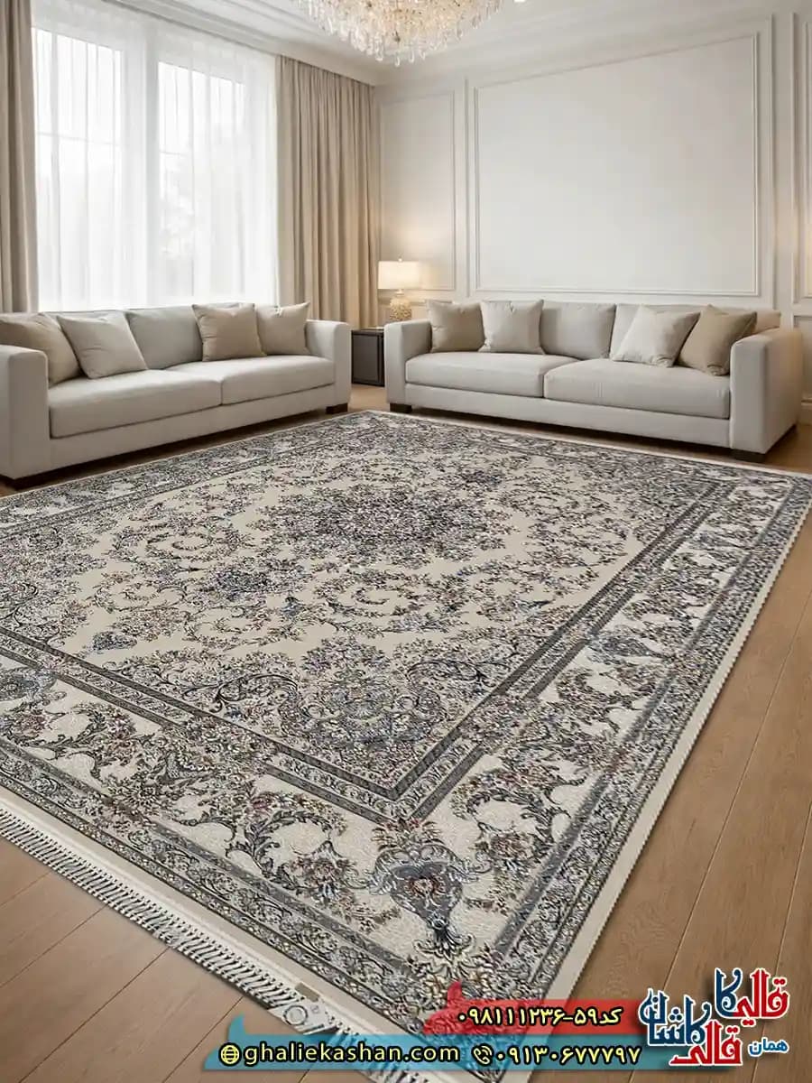 فرش 1200 شانه طرح میراث رنگ کرم صدفی گل برجسته کاشان 