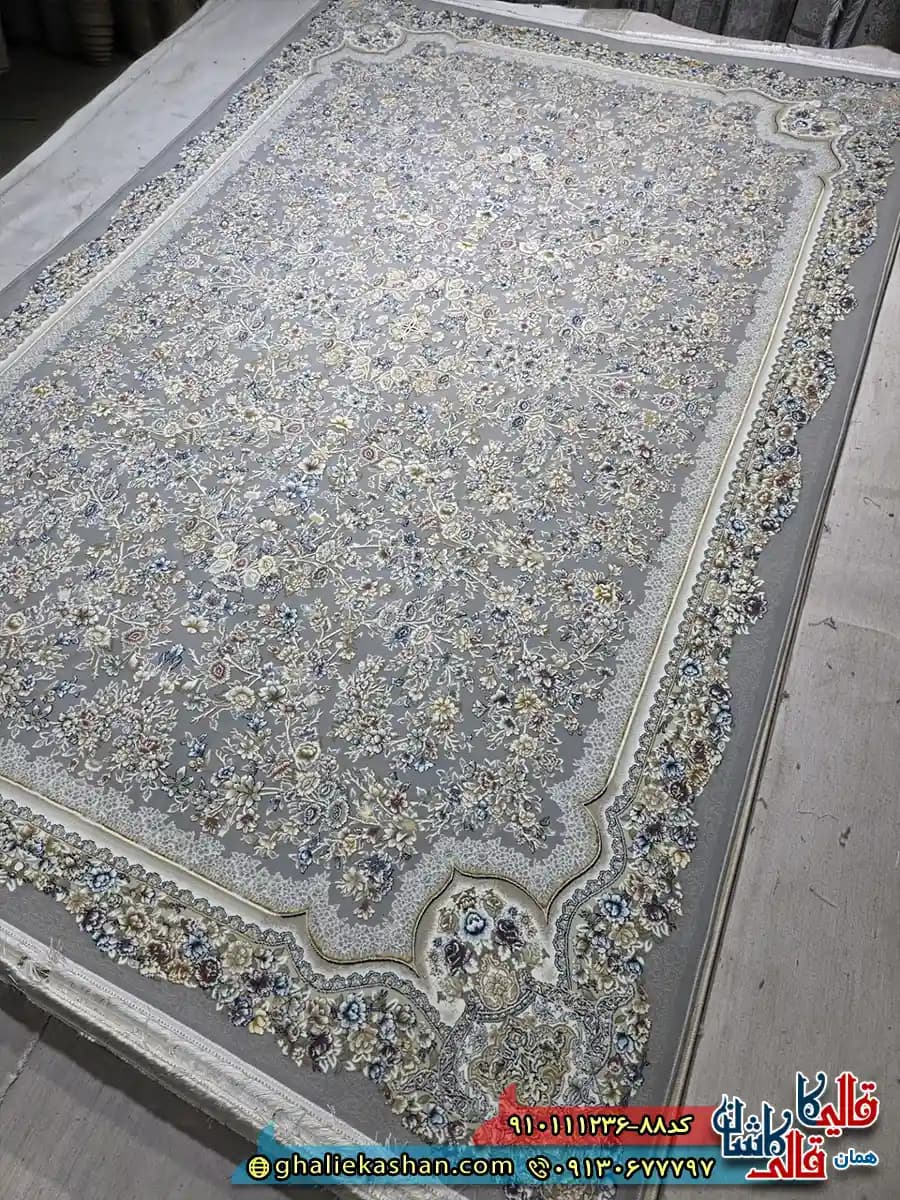 فرش کلاسیک 1200 شانه طرح افشان آتوسا رنگ طوسی فیلی گل برجسته کاشان
