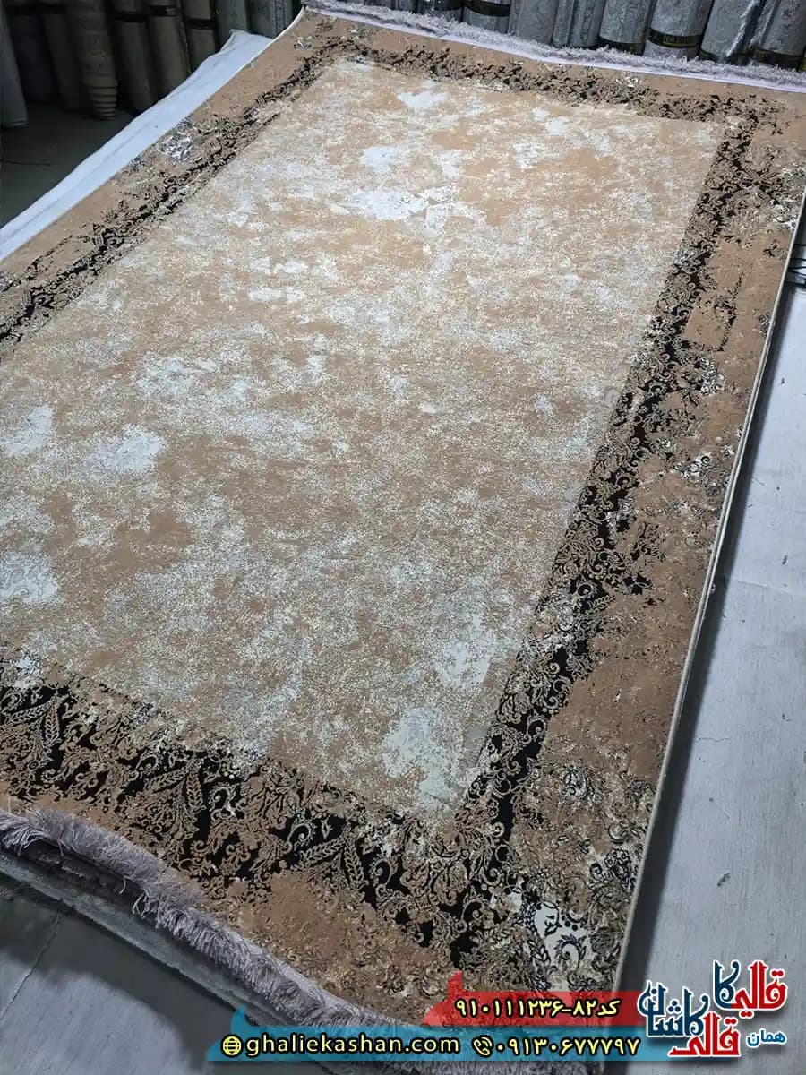فرش وینتیج مدرن 1200 شانه طرح قاب گندمی رنگ نسکافه ای قهوه ای گل برجسته کاشان