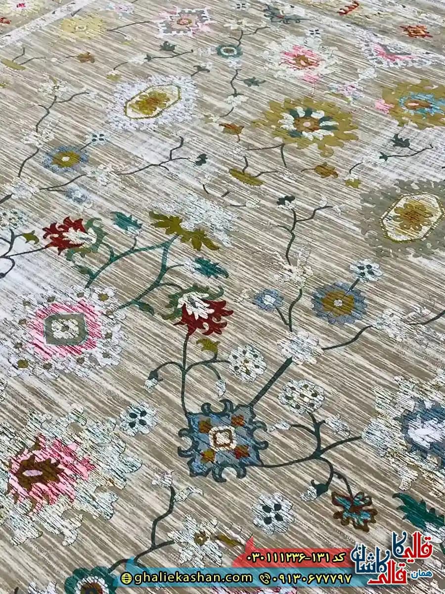 فرش وینتیج 1200 شانه طرح افشان سلطان آباد گیلدا رنگ فیلی ترمه ای گل برجسته کاشان — تصویر ۳