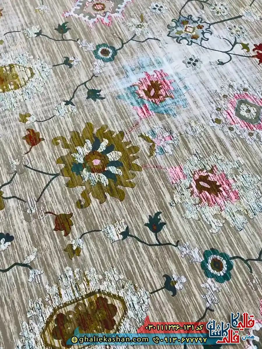 فرش وینتیج 1200 شانه طرح افشان سلطان آباد گیلدا رنگ فیلی ترمه ای گل برجسته کاشان — تصویر ۴