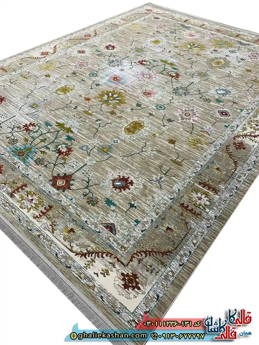 فرش وینتیج 1200 شانه طرح افشان سلطان آباد گیلدا رنگ فیلی ترمه ای گل برجسته کاشان — تصویر ۲