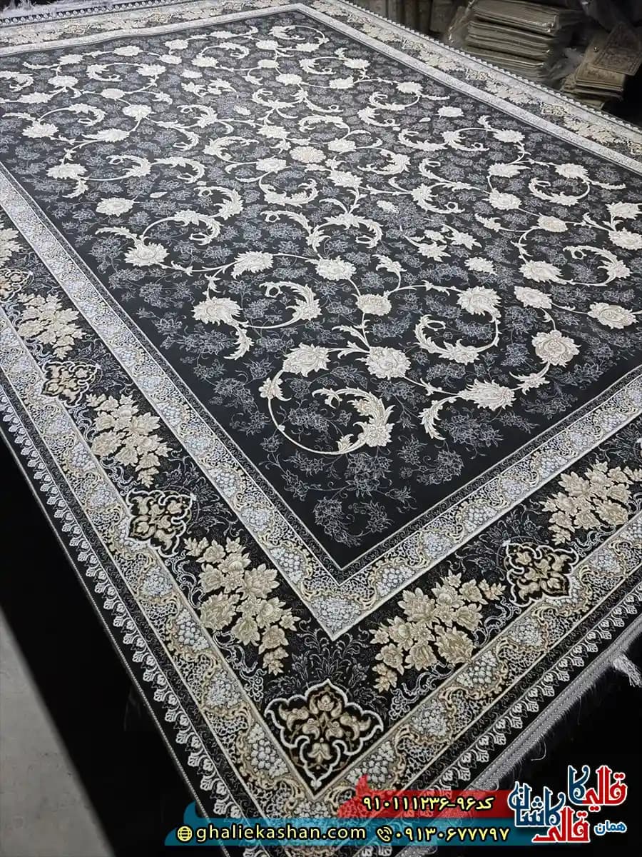 فرش طلاکوب 1200 شانه طرح افشان صدف رنگ مشکی زغالی گل برجسته کاشان