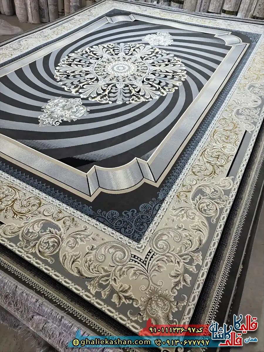 فرش طلاکوب 1200 شانه طرح خلیجی گردون رنگ طوسی دودی گل برجسته کاشان