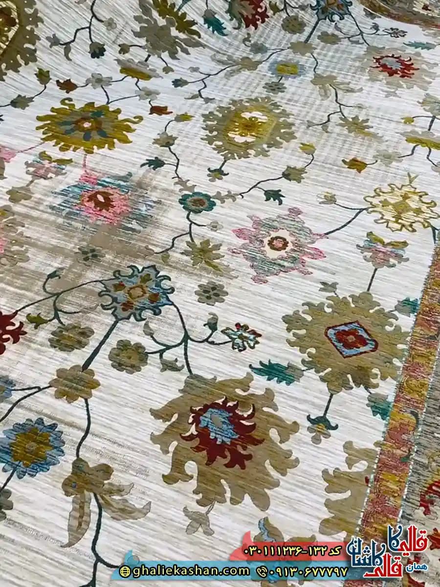 فرش وینتیج 1200 شانه طرح افشان سلطان آباد گیلدا رنگ کرم صدفی گل برجسته کاشان — تصویر ۴